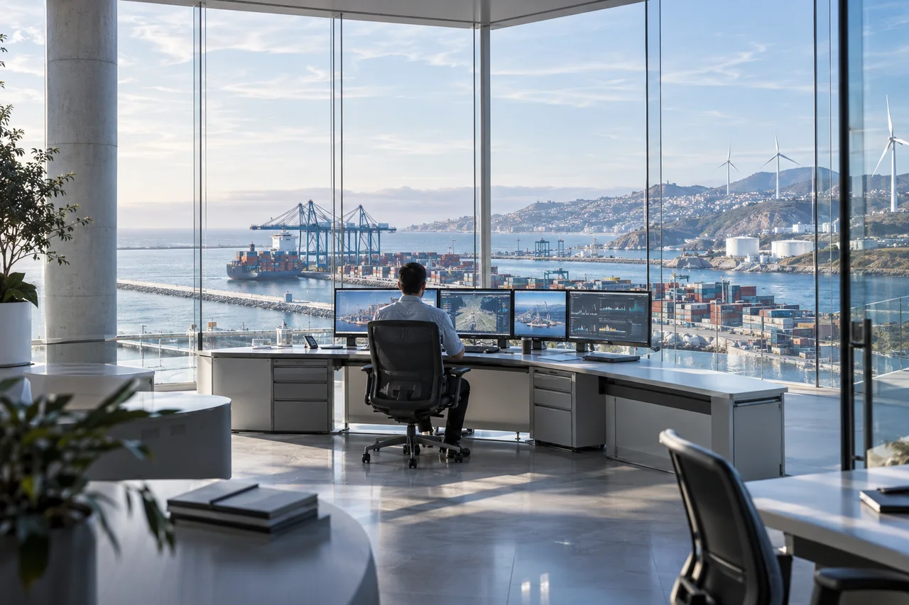 Escena conceptual de una sala de operaciones con vista a infraestructura portuaria y energética